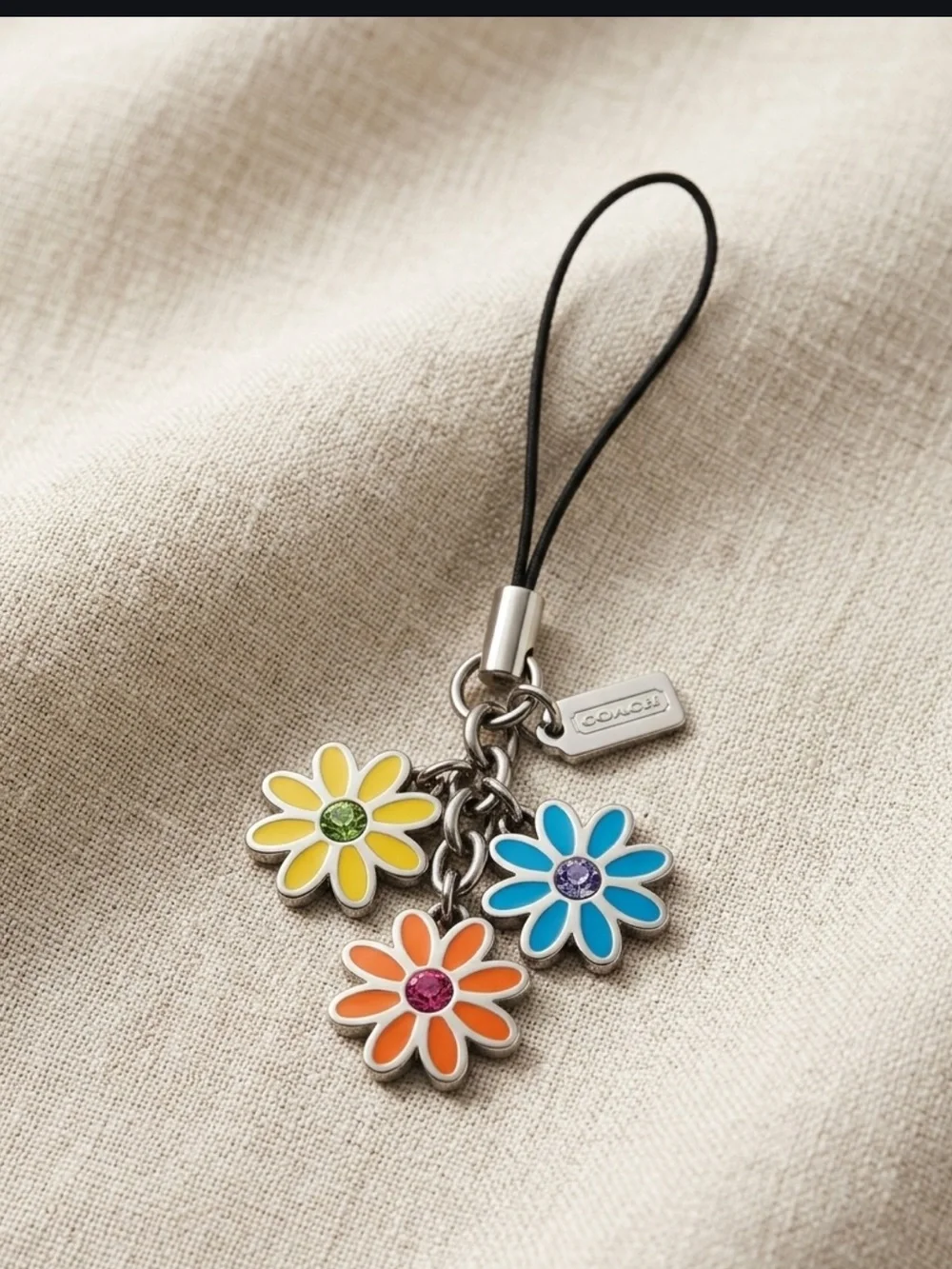Vintage COACH Silver Tone Daisy Flower Trio Bag Charm / Phone Strap Rare
